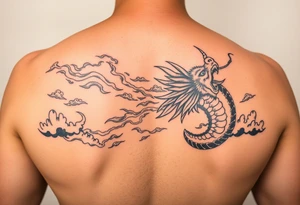 fierce dragon breathing iridescent fire against stormy skies tattoo idea