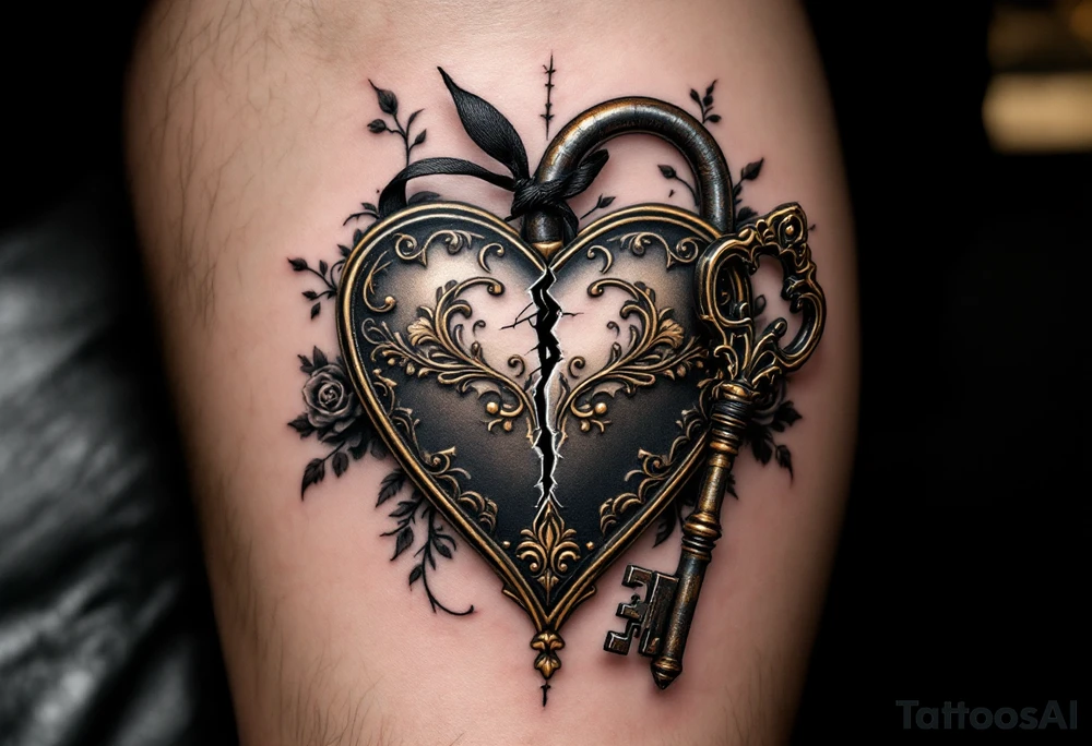 A vintage heart-shaped lock with intricate baroque detailing, cracked slightly at the center, paired with a rusted skeleton key wrapped in a thin black ribbon. The lock is shaded in antique gold and deep bronze, while the key has accents of dark silver and aged steel. Set against a soft shadow background with subtle roses or filigree placed on a calf. tattoo idea