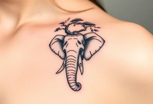 Head of an elephant with bonsai tree behind it Japanese style realistic tattoo idea