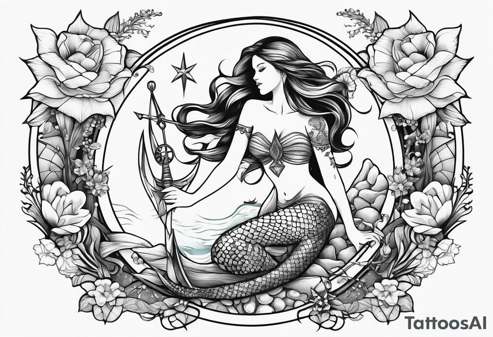 Lower leg tattoo. Mermaid with trident and crown, sea turtle, compass, shells, flowers, cresent moon tattoo idea