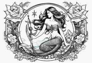 Lower leg tattoo. Mermaid with trident and crown, sea turtle, compass, shells, flowers, cresent moon tattoo idea