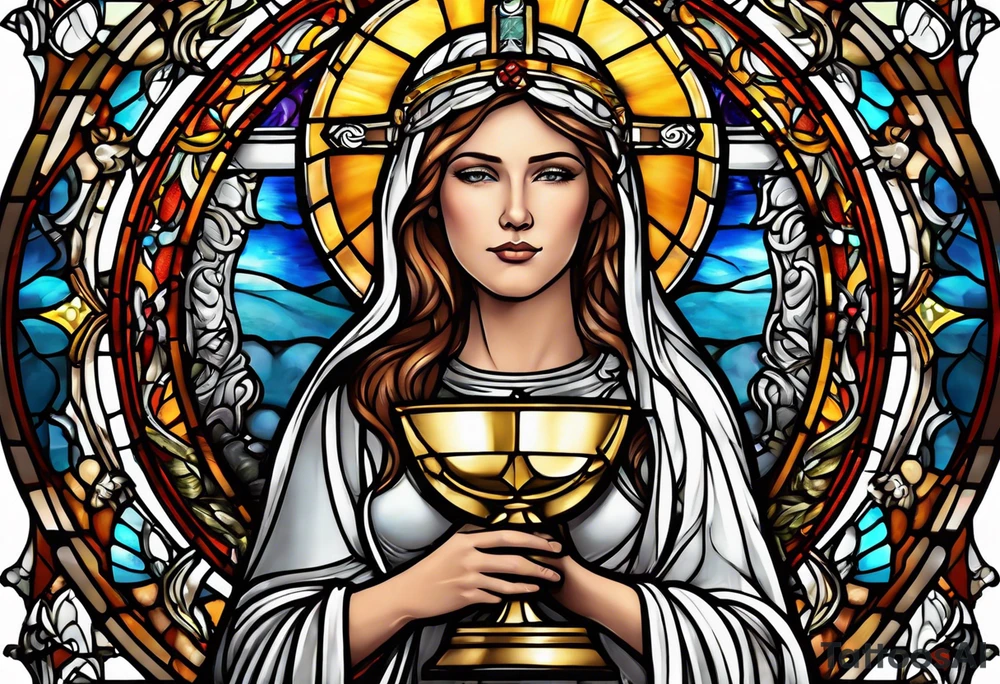 holy saint woman with halo stained glass holding a chalice with artillery tattoo idea