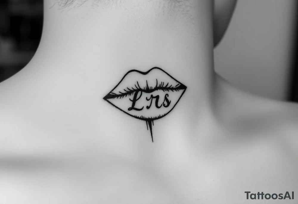 Feminine kiss mark tattooed on the neck with the initials lrs beside it tattoo idea