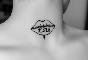 Feminine kiss mark tattooed on the neck with the initials lrs beside it tattoo idea