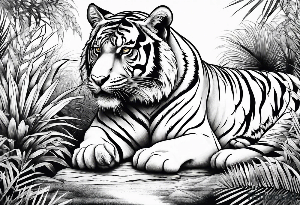 Calm strong tiger in the jungle, with his cubs tattoo idea