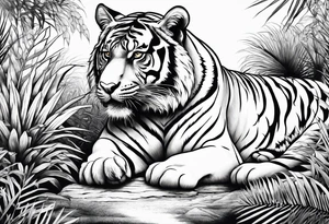 Calm strong tiger in the jungle, with his cubs tattoo idea