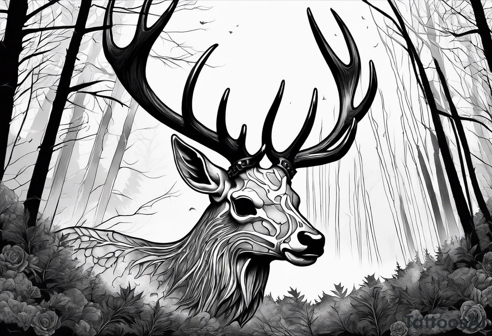A SCARY side view of a decayed deer skull NO SKIN JUST BONE surrounded by a forest fire in background tattoo idea