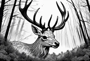 A SCARY side view of a decayed deer skull NO SKIN JUST BONE surrounded by a forest fire in background tattoo idea
