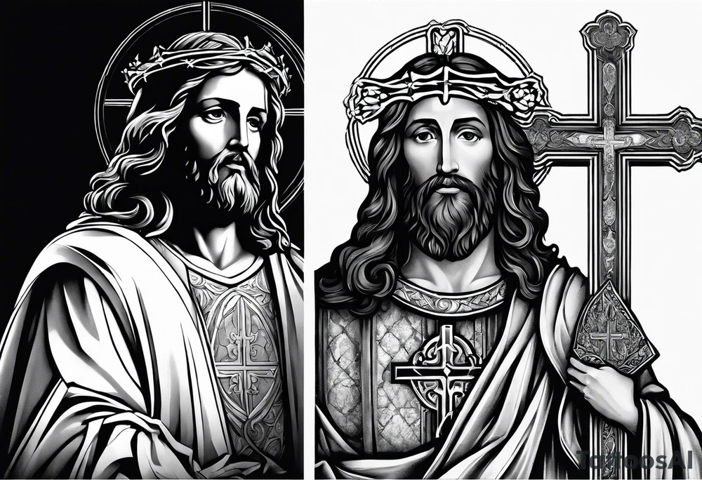 relegious sleeve with jesus and a cross with a bible verse tattoo idea