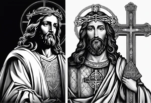 relegious sleeve with jesus and a cross with a bible verse tattoo idea