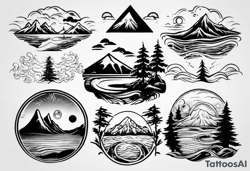 mountains, beach, waves, sunset, camping, trees tattoo idea
