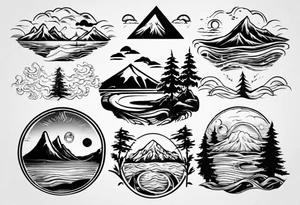 mountains, beach, waves, sunset, camping, trees tattoo idea