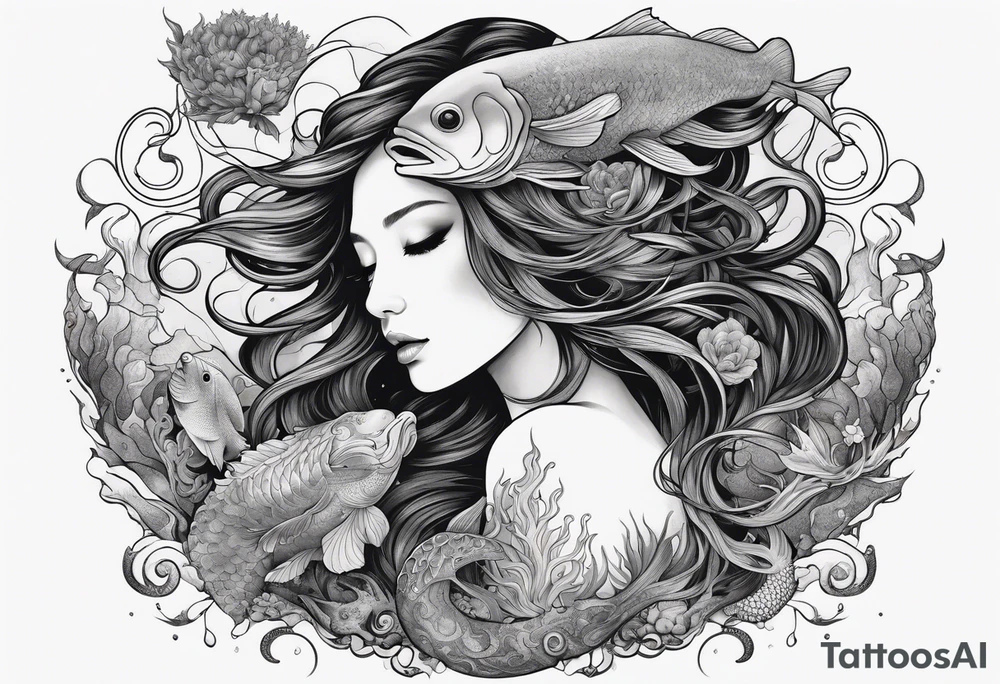 Full-body portrait of an ethereal woman of the sea surrounded by deep sea creatures. tattoo idea