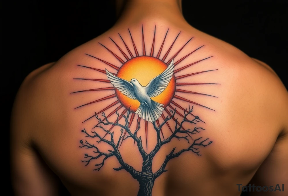 Here’s a more detailed version with an emphasis on placement:

"A hyper-realistic tattoo design placed strictly on the upper shoulder, wrapping slightly over the shoulder cap and integrating seamlessly with the natural contours of the body. The central focus of the tattoo is positioned on the uppermost portion of the shoulder, where a radiant sun is depicted, surrounded by sharp, linear sun rays that extend outward across the shoulder cap and slightly down toward the upper arm and chest. The rays are angled to follow the natural curve of the shoulder, creating a dynamic and harmonious flow with the body.

Directly in front of the glowing sun is a white dove in mid-flight, positioned centrally to draw immediate attention. The dove’s wings are fully extended, with precise detailing on the feathers, giving it a lifelike and ethereal quality. The bird's placement ensures it aligns with the sun as the focal point, resting high on the shoulder, just below the collarbone and above the arm’s deltoid muscle.

Below the sun and dove, the tattoo transitions into a deeply detailed poison tree. The tree’s thick, twisted roots appear to grow organically across the upper arm and slightly toward the back of the shoulder, following the muscle structure. The gnarled, barren branches stretch upward toward the sun, creating a stark contrast with the radiant light above. At the tree's base, a forest of tall, shadowy evergreen trees spreads horizontally across the lower portion of the tattoo, curving naturally with the roundness of the shoulder and fading gently near the edges for a seamless blend into the skin.

The entire tattoo is rendered in black and grey realism, with meticulous shading to emphasize depth and texture. The darker elements, such as the tree and forest, contrast sharply with the lighter tones of the sun and rays, creating a three-dimensional appearance. The tattoo is designed to appear as though it is a natural part of the body, covering the shoulder cap prominently while slightly extending toward the upper chest, upper arm, and back, ensuring the design looks cohesive and balanced from all angles." tattoo idea
