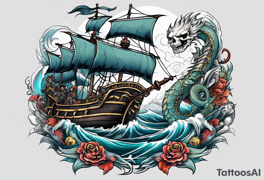 skeleton pirates fighting a sea serpent tattoo idea