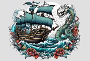 skeleton pirates fighting a sea serpent tattoo idea