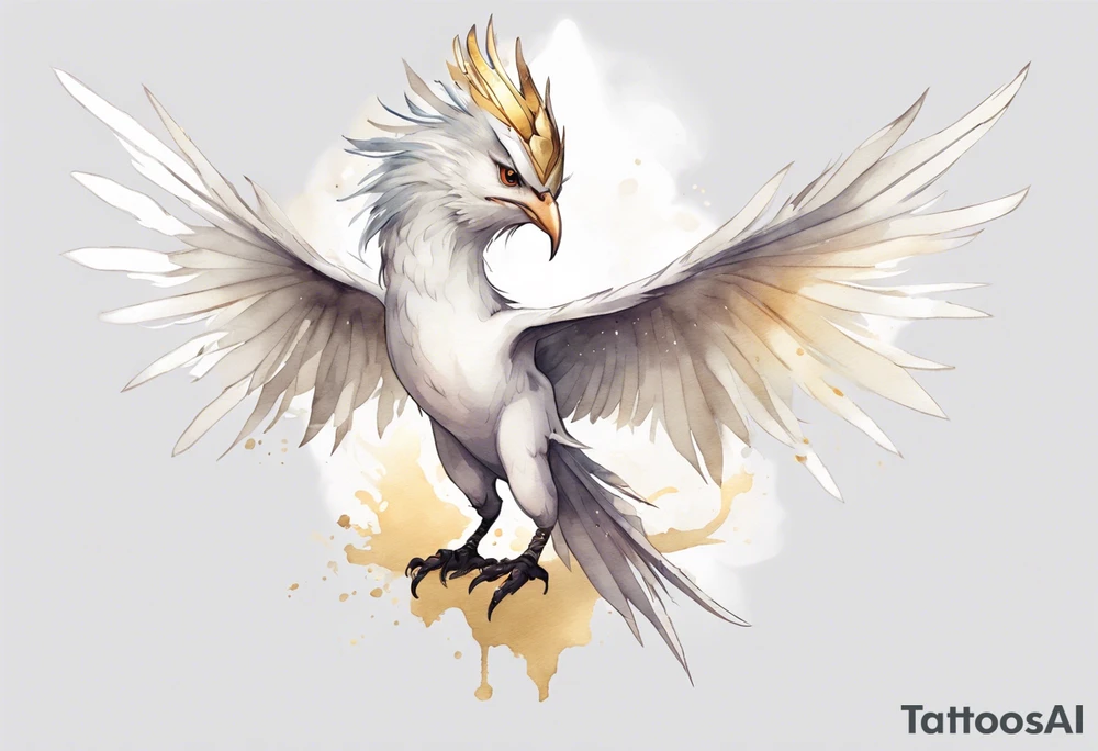 a watercolor of a white bird-wyvern hybrid wearing a plain crown, with light gold wing feathers tattoo idea