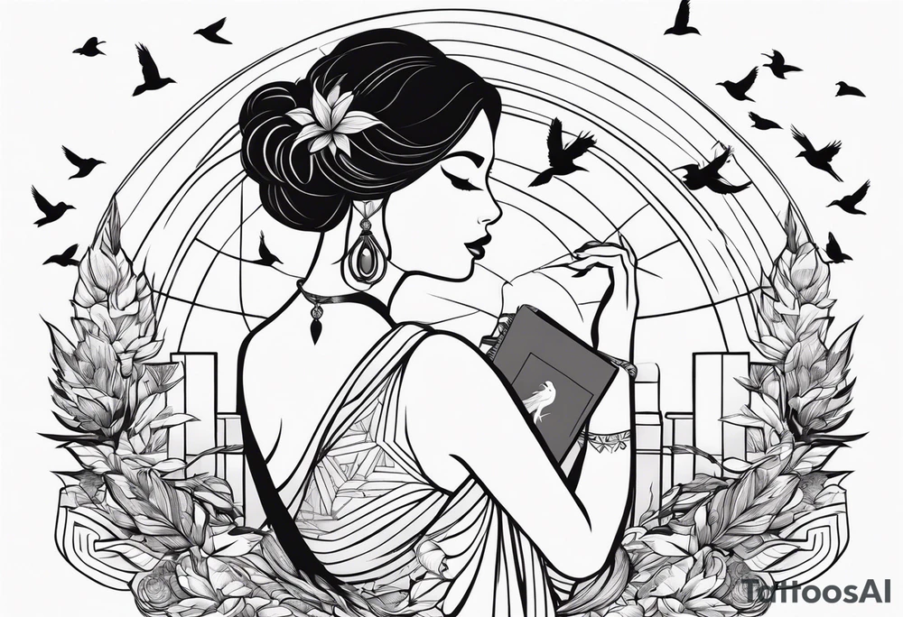 Silhouette of a woman holding a book and birds tattoo idea