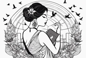 Silhouette of a woman holding a book and birds tattoo idea