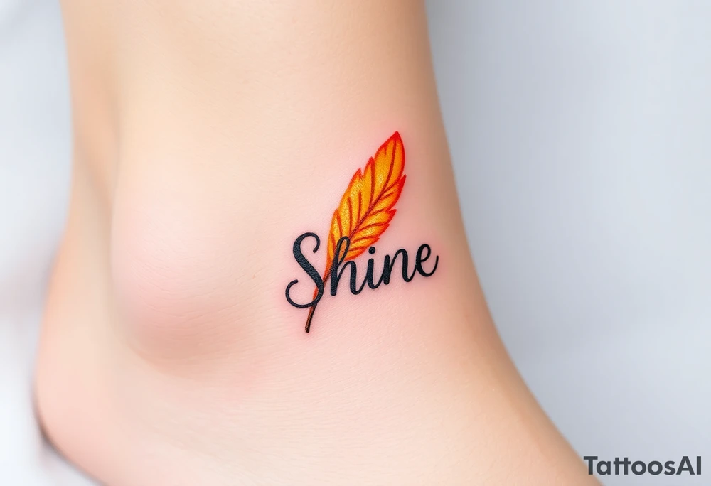 A golden yellow and fiery orange feather with a sunbeam effect, featuring the word "Shine", representing radiance and warmth in a relationship tattoo idea