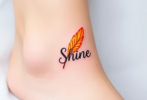 A golden yellow and fiery orange feather with a sunbeam effect, featuring the word "Shine", representing radiance and warmth in a relationship tattoo idea