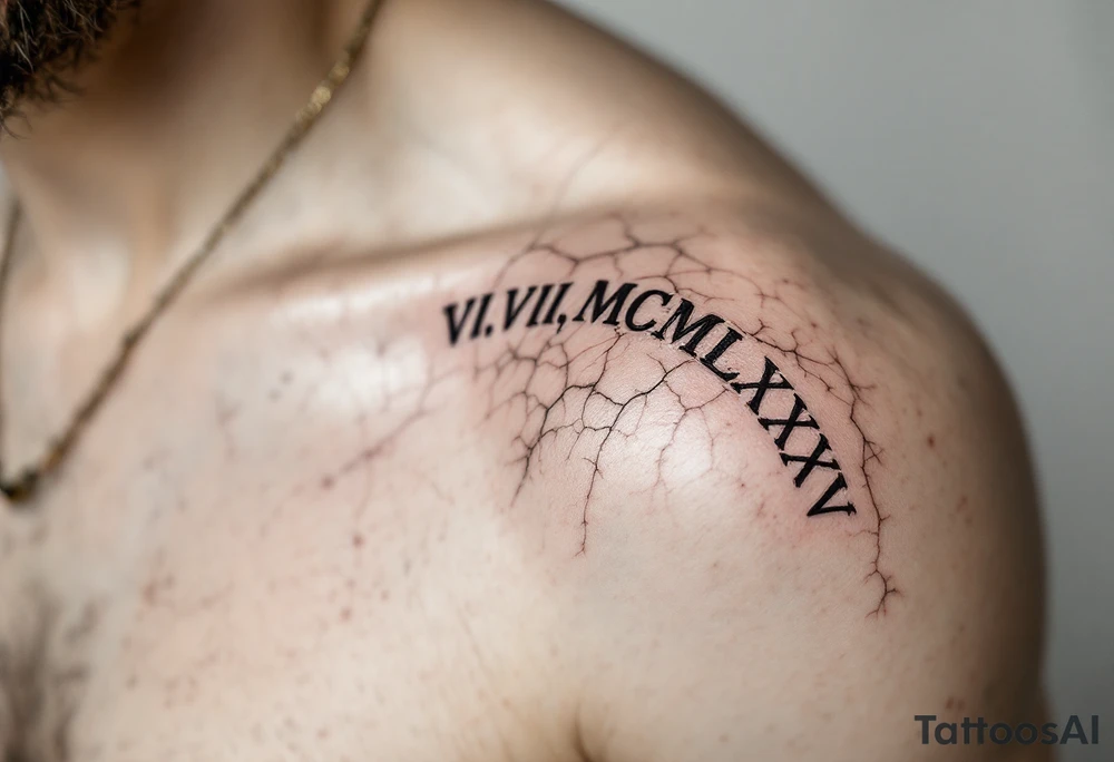 Dark ink VI.VIII.MCMLXXXV arched over the shoulder blade, with cracked marble texture for a timeless look. tattoo idea