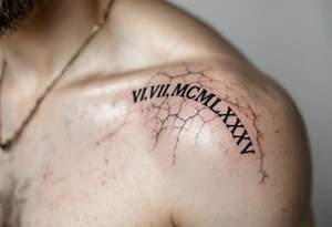 Dark ink VI.VIII.MCMLXXXV arched over the shoulder blade, with cracked marble texture for a timeless look. tattoo idea