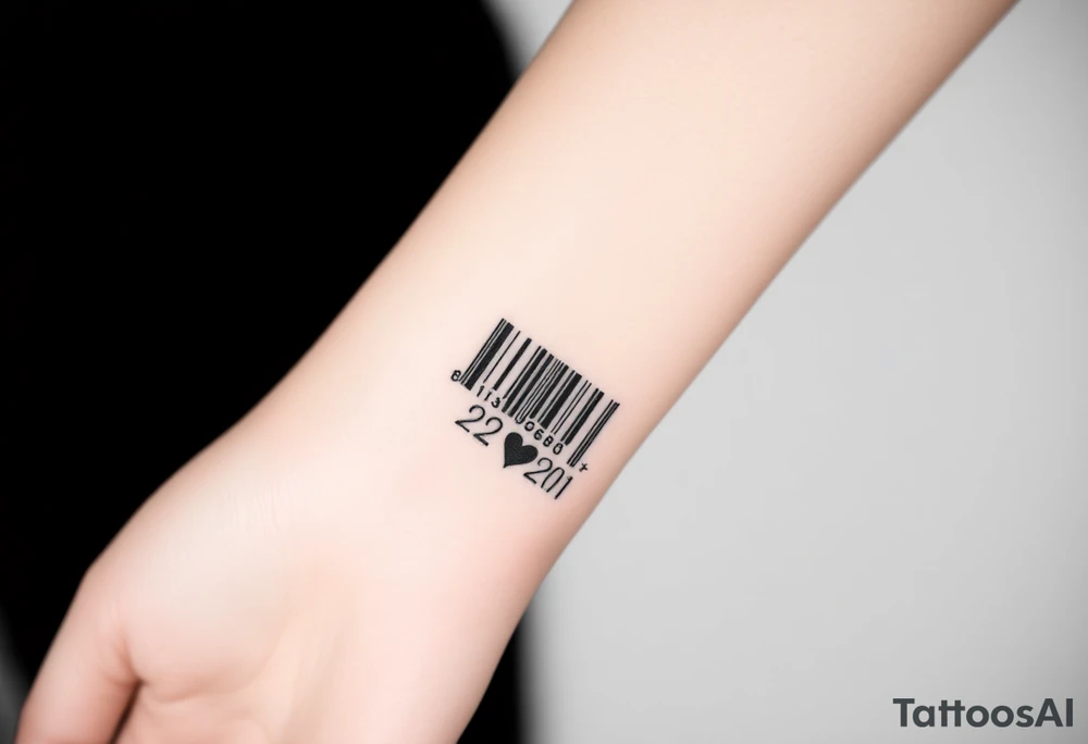 minimalist barcode with the couple’s wedding date (22 - 03 - 2012) hidden in the numbers under barcode with heart tattoo idea