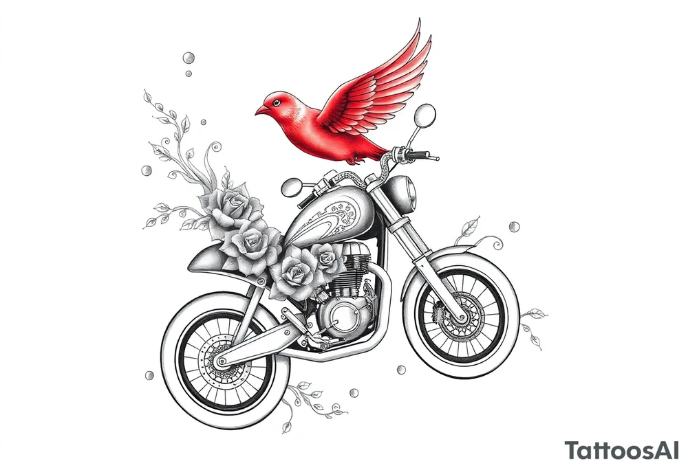 Motorcycle with a red bird flying with roses and lace with flames tattoo idea