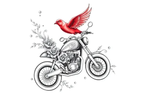 Motorcycle with a red bird flying with roses and lace with flames tattoo idea