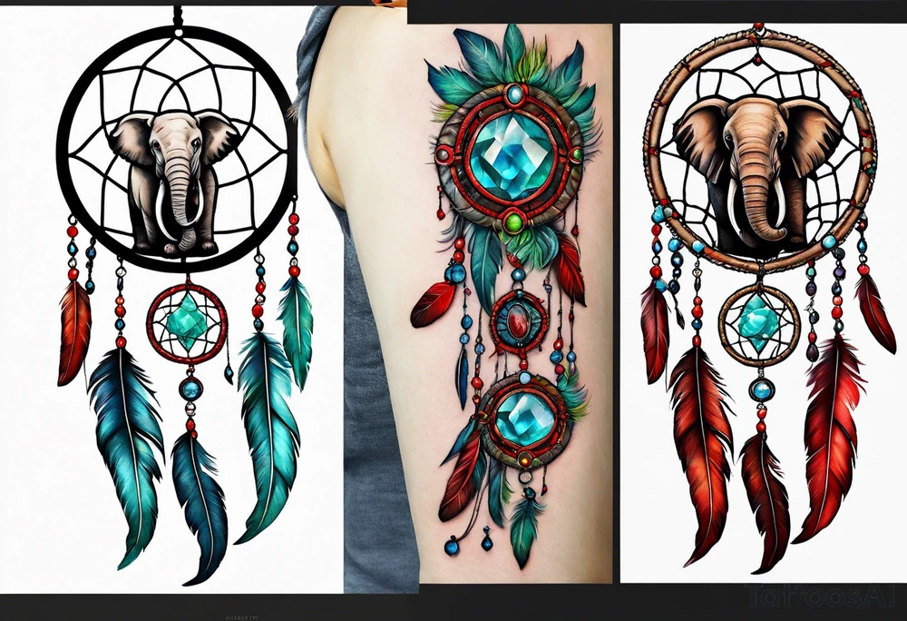 dreamcatcher with an aquamarine feather a red feather and a peridot feather with gemstones and elephant tattoo idea