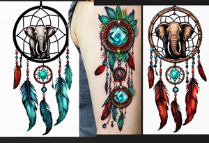 dreamcatcher with an aquamarine feather a red feather and a peridot feather with gemstones and elephant tattoo idea