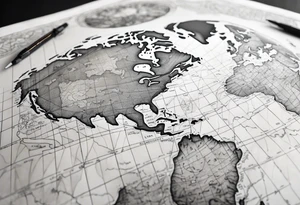 a flat map of the earth on a small fading grid tattoo idea