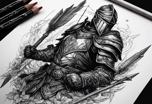 Gory dark fantasy knight wounded by arrows tattoo idea