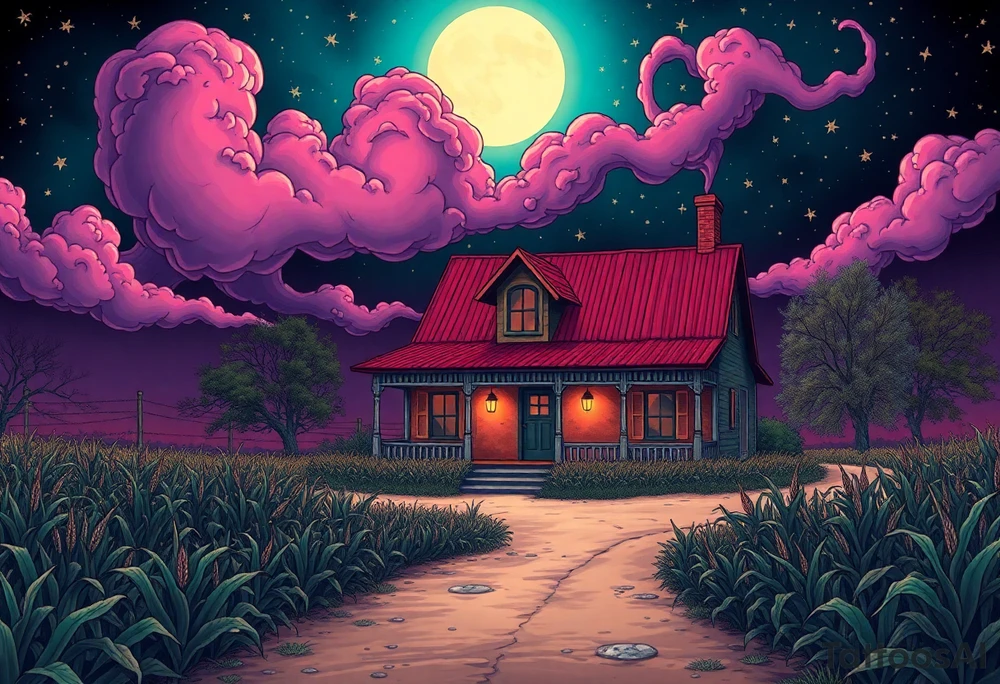 Tim Burton’s el paso texas farm house, with corn crops and pecan orchard from outside view is the street abandoned and dripping with muted reds, dusty pinks, and eerie green glow purple and cyan smokey clouds swirl and dance in the moonlit night sky filled with twinkling stars  tattoo idea tattoo idea