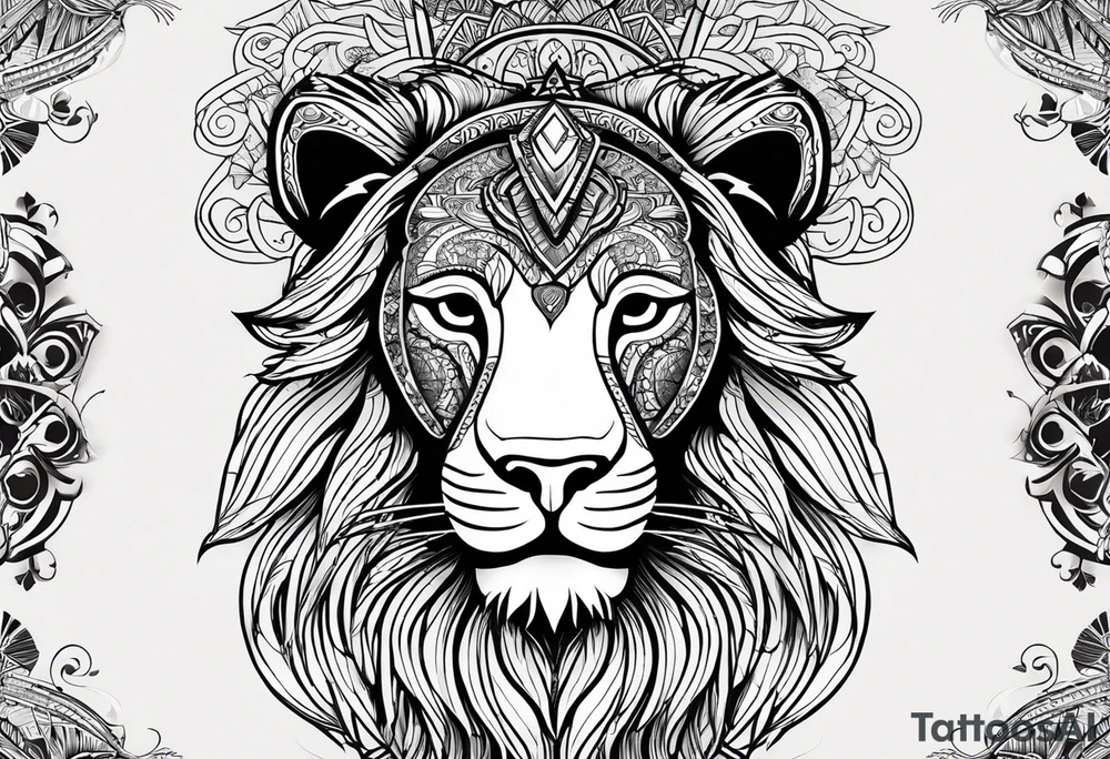 A lion designed with tribal patterns, using bold black lines that emphasize the contours of the lion's face and mane. This style can incorporate cultural significance and artistry. tattoo idea