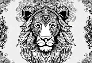 A lion designed with tribal patterns, using bold black lines that emphasize the contours of the lion's face and mane. This style can incorporate cultural significance and artistry. tattoo idea