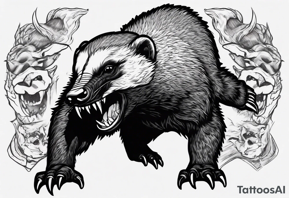 Angry, snarling, detailed honey badger facing in front tattoo idea