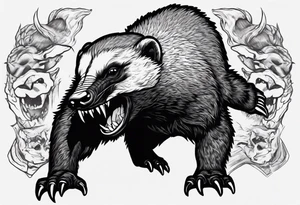 Angry, snarling, detailed honey badger facing in front tattoo idea