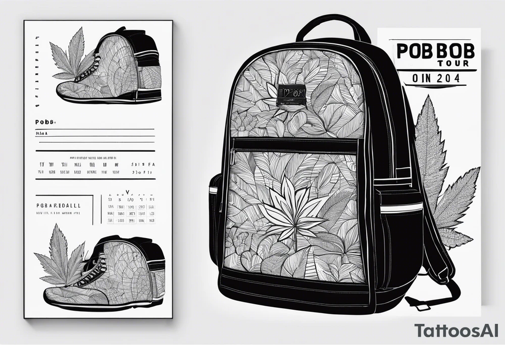 Backpack with the words 'PBOB on tour 2024' with a hidden weed leaf tattoo idea