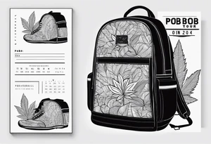 Backpack with the words 'PBOB on tour 2024' with a hidden weed leaf tattoo idea