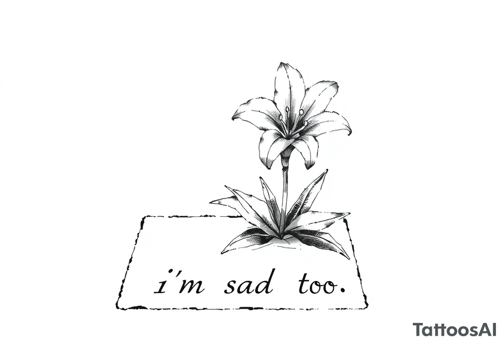 Lily growing out of tile floor with the words I’m sad too written small in the grout between two tiles tattoo idea