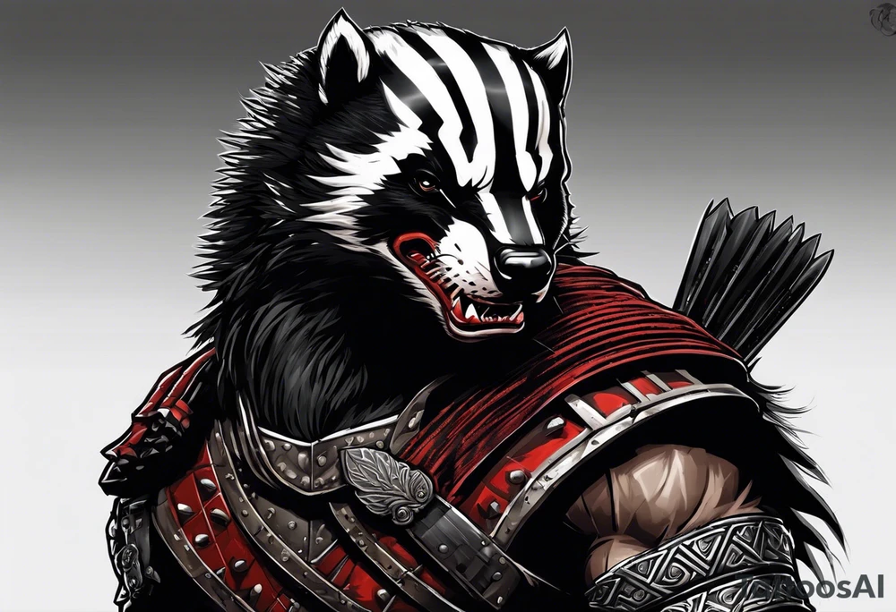 Draw me psychopath Honey Badger/Berserker with aggressive full body, killer face with a scary smile, very long nails and he attacks like a Bloody Assassin/Warrior/Gladiator to us and also, he has very deadly looking. He fights with his nails only. Everybody scares after their first sight. Give me horror type Badger Tattoo. I want to see his Realistic full body with no weapons. You can show destruction at the back. tattoo idea