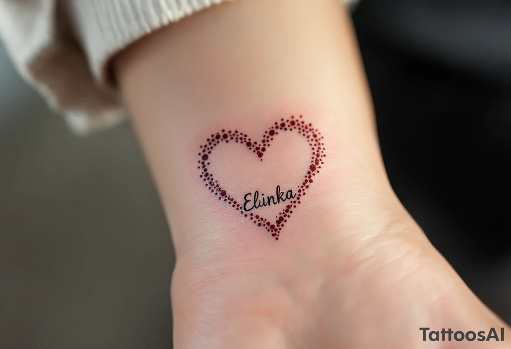 A delicate red heart with the name Elinka written in flowing script across the center. tattoo idea