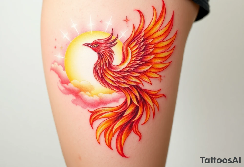 magnificent  phoenix rising from flames with trailing embers  and golden sunset and sky with puffy clouds and heaven backdrop pinks reds orange and yellows and golds with sparkles tattoo idea