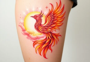 magnificent  phoenix rising from flames with trailing embers  and golden sunset and sky with puffy clouds and heaven backdrop pinks reds orange and yellows and golds with sparkles tattoo idea