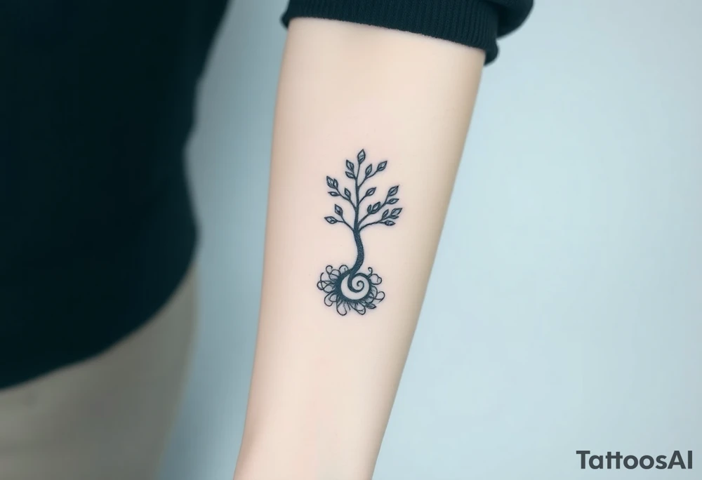 A tree with few leaves, with an outward  spiral as its roots, encircling the tree tattoo idea