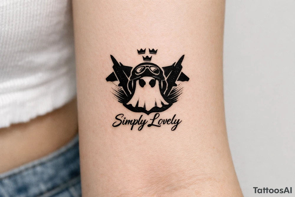Create a 5 × 5 cm black ink tattoo combining the Koenigsegg Ghost logo, inspired by the Swedish flying squadron tribute, with the phrase **“Simply Lovely”** written underneath. tattoo idea