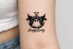 Create a 5 × 5 cm black ink tattoo combining the Koenigsegg Ghost logo, inspired by the Swedish flying squadron tribute, with the phrase **“Simply Lovely”** written underneath. tattoo idea