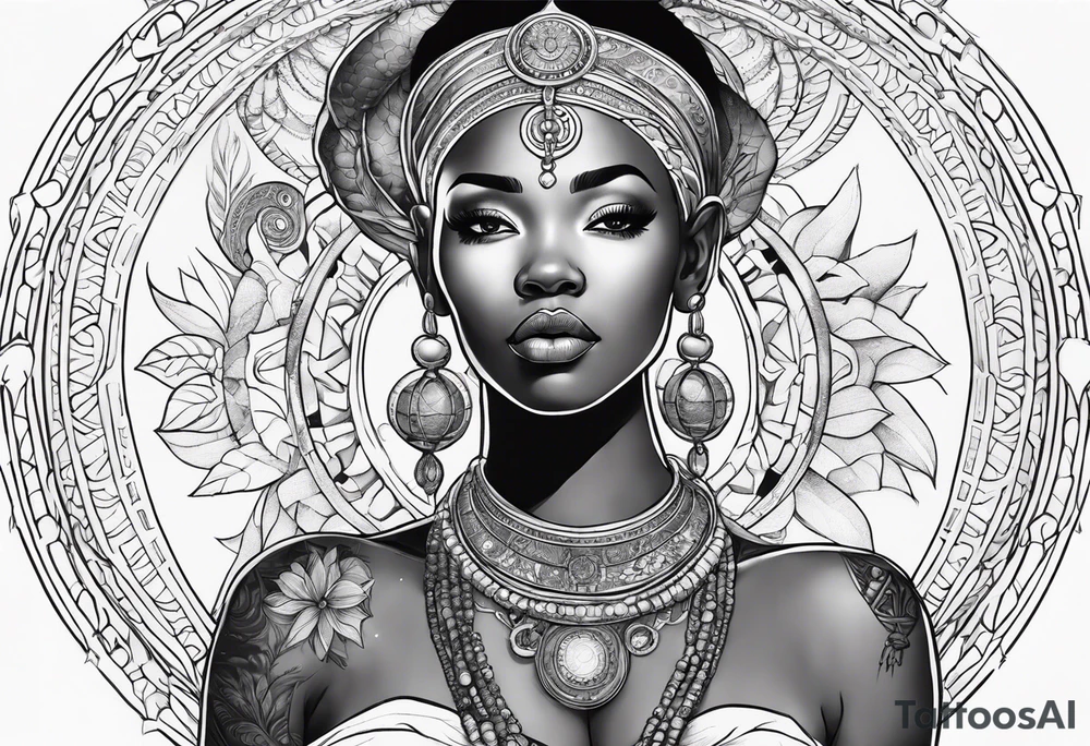 Black woman, enlightenment, wisdom, astronomy, cancer zodiac, natural, full arm tattoo idea